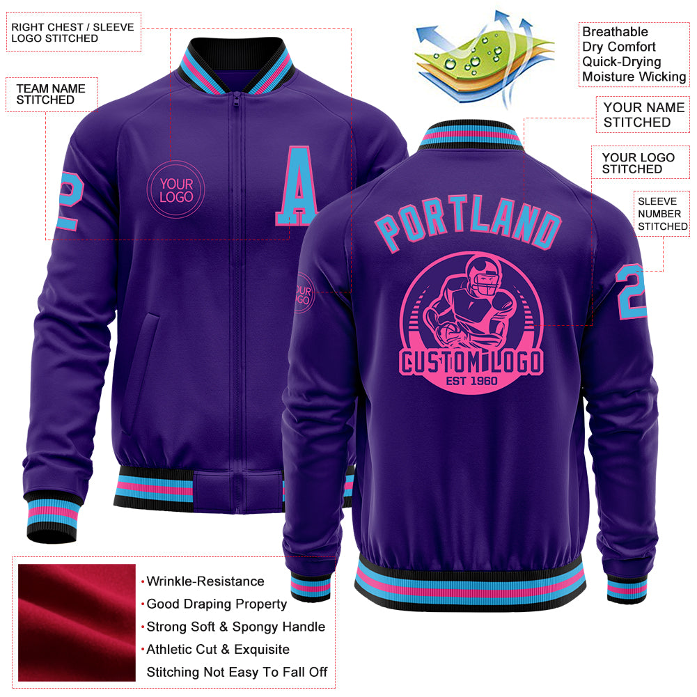 Custom Purple Sky Blue Pink-Black Bomber Varsity Letterman Zipper Jacket