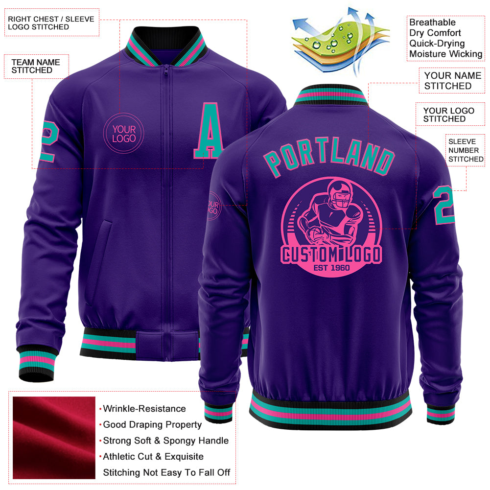 Custom Purple Aqua Pink-Black Bomber Varsity Letterman Zipper Jacket