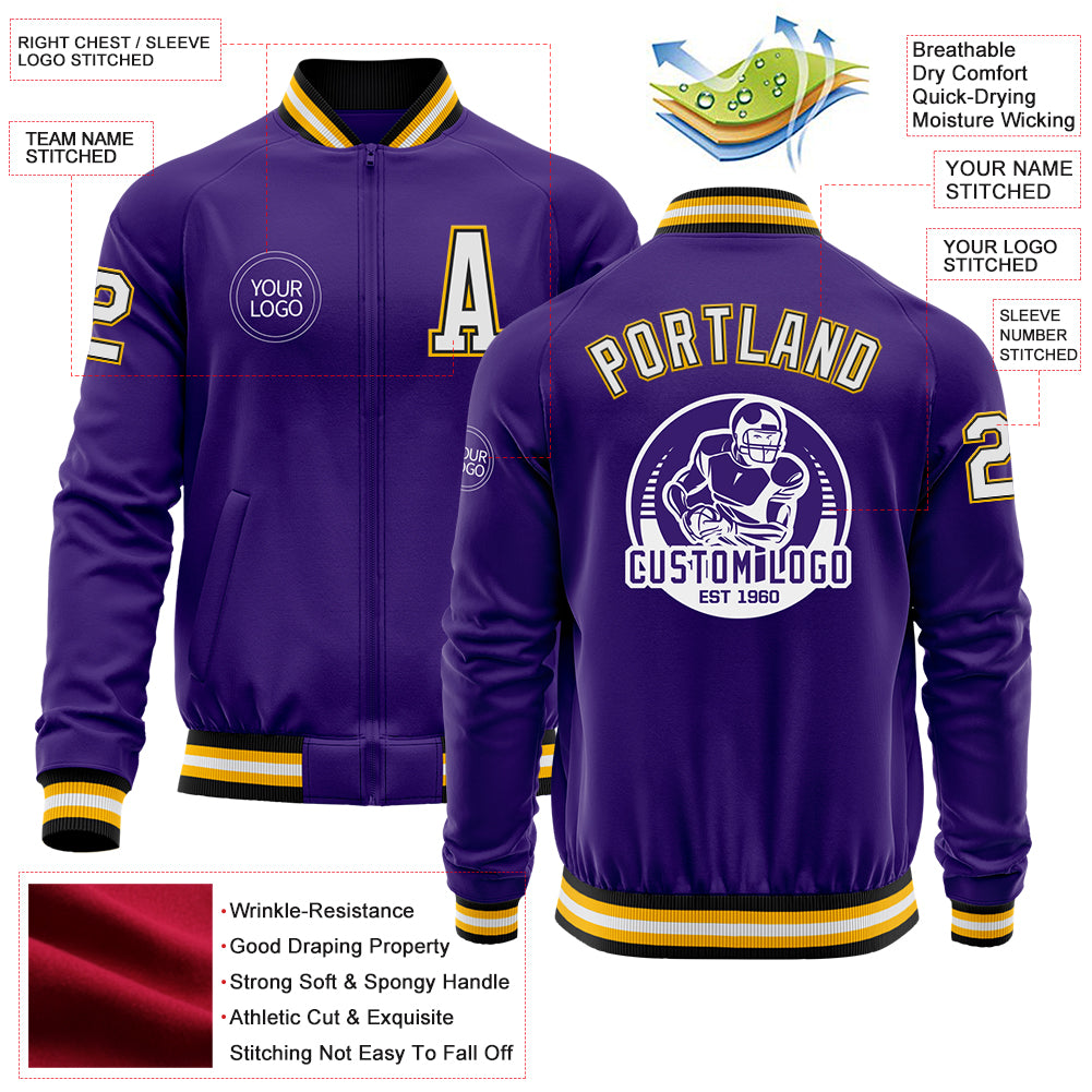 Custom Purple Black-Gold Bomber Varsity Letterman Zipper Jacket