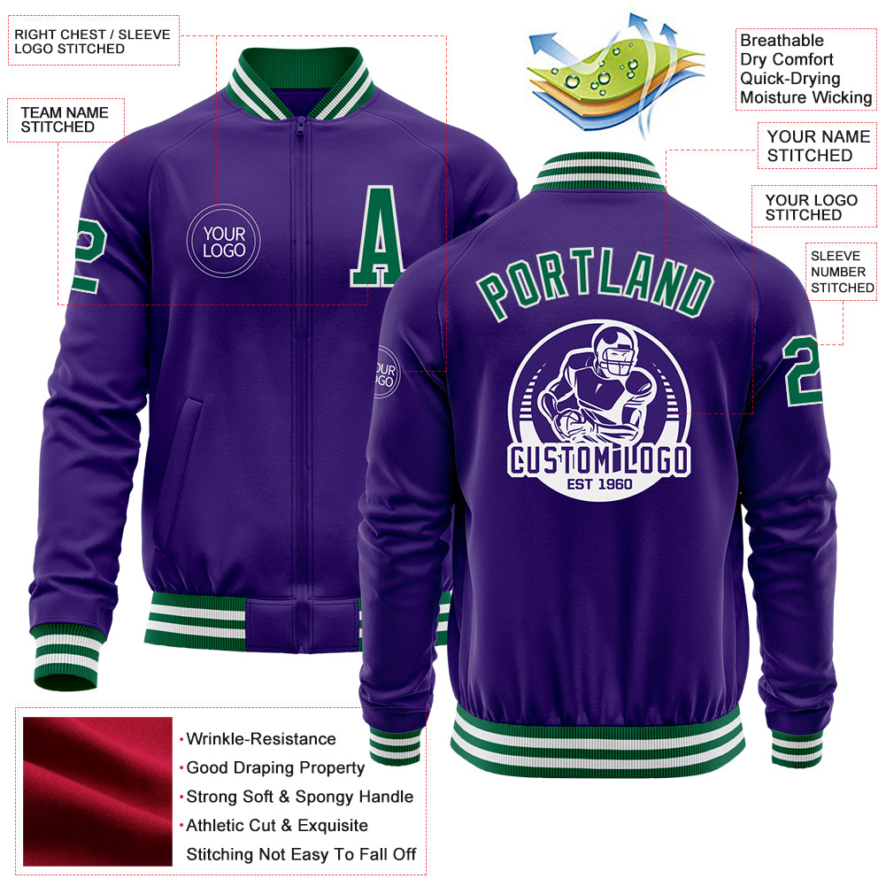 Custom Purple Kelly Green-White Bomber Varsity Letterman Zipper Jacket