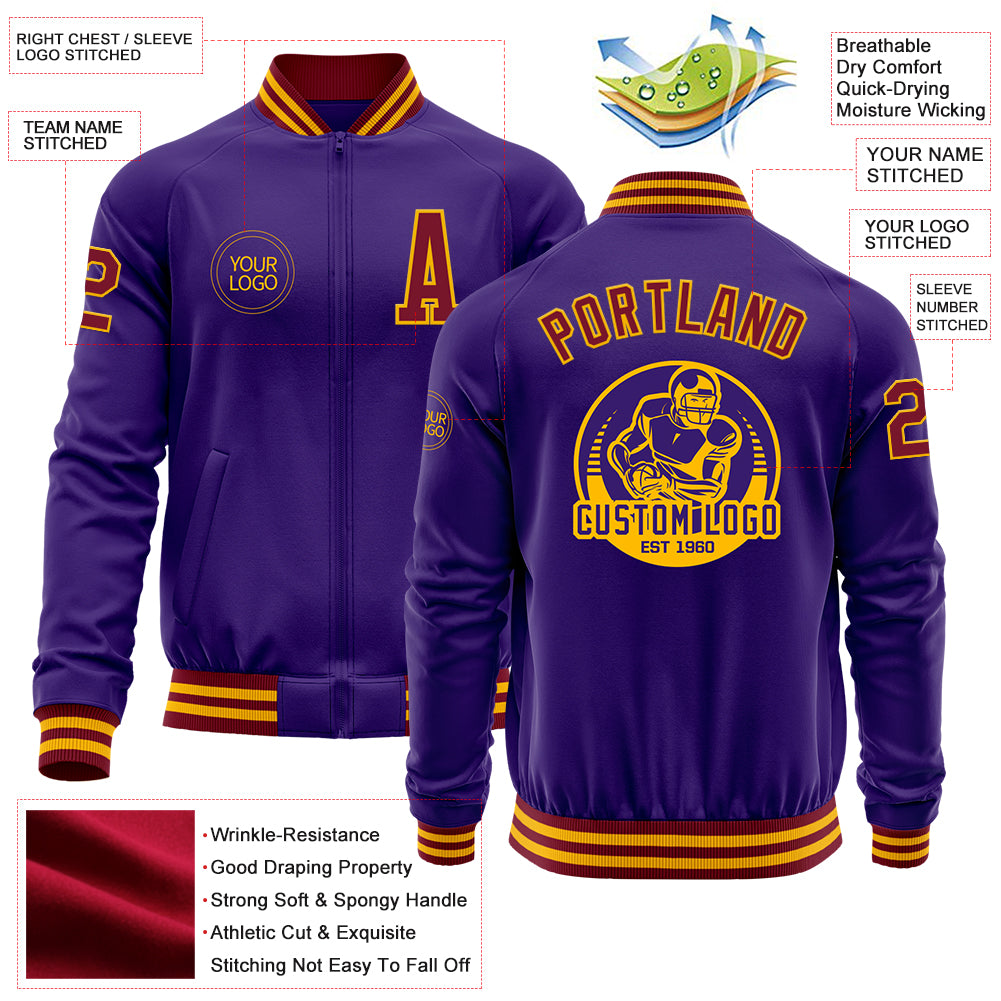 Custom Purple Crimson-Gold Bomber Varsity Letterman Zipper Jacket