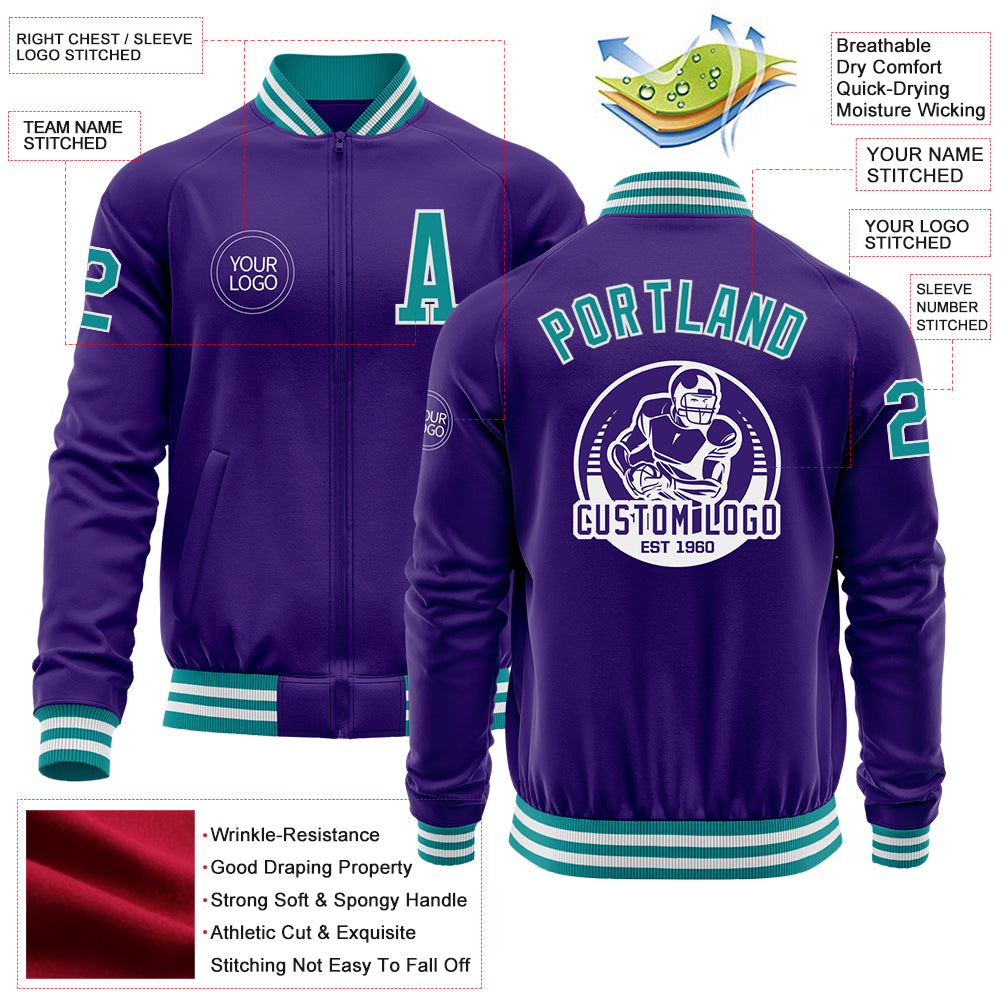 Custom Purple Teal-White Bomber Varsity Letterman Zipper Jacket