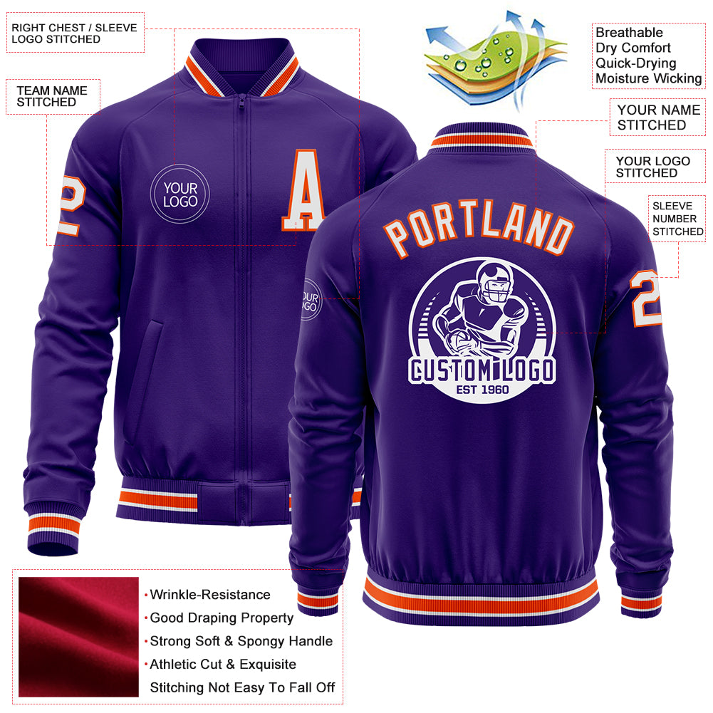 Custom Purple White-Orange Bomber Varsity Letterman Zipper Jacket