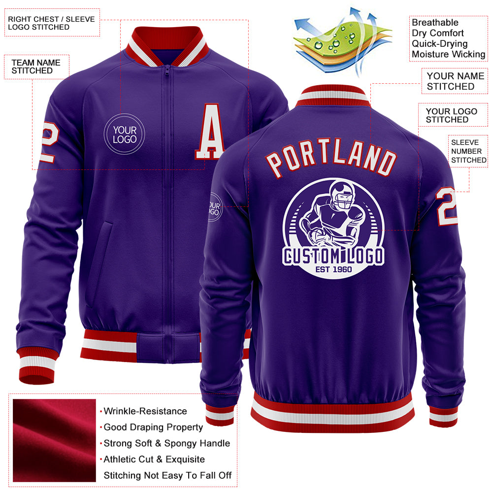 Custom Purple White-Red Bomber Varsity Letterman Zipper Jacket