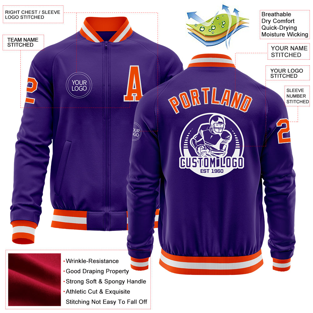 Custom Purple Orange-White Bomber Varsity Letterman Zipper Jacket