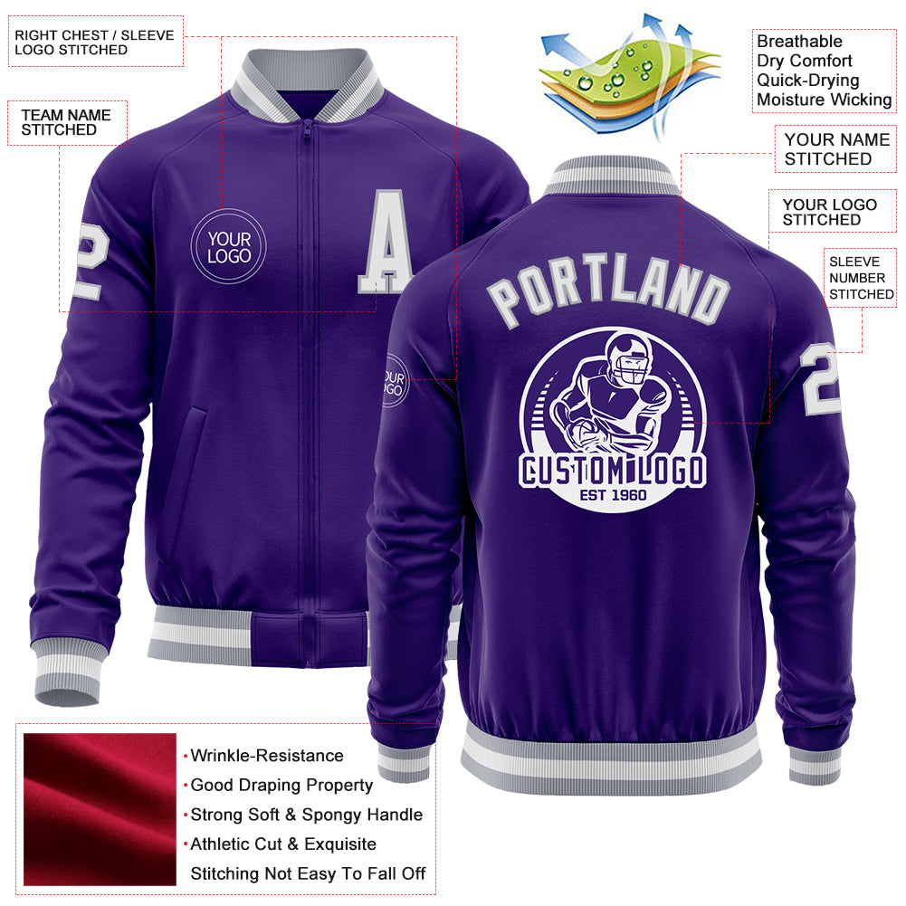 Custom Purple White-Gray Bomber Varsity Letterman Zipper Jacket