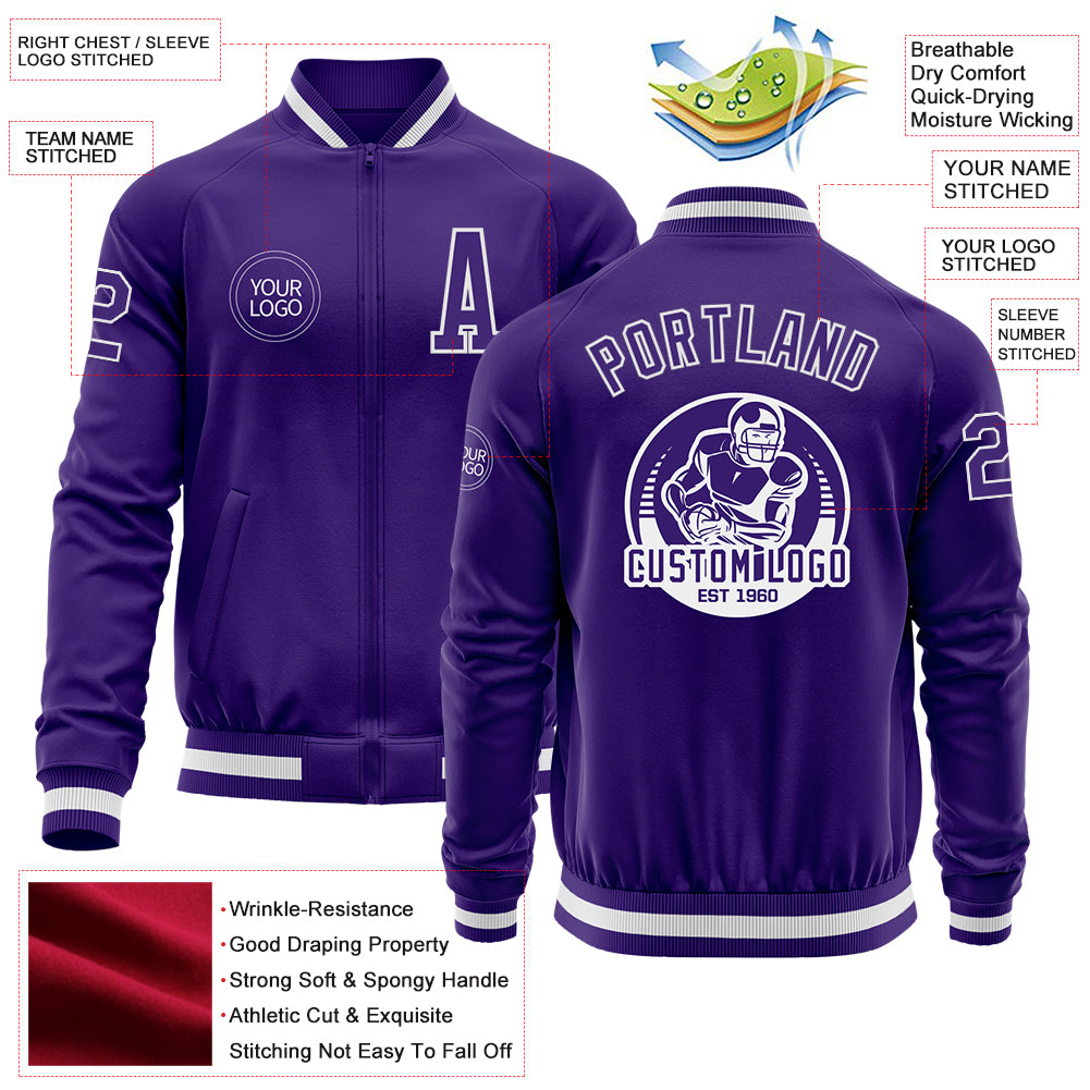 Custom Purple White Bomber Varsity Letterman Zipper Jacket