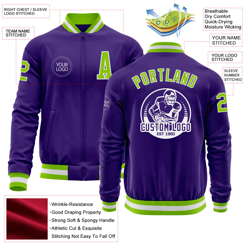 Custom Purple Neon Green-White Bomber Varsity Letterman Zipper Jacket