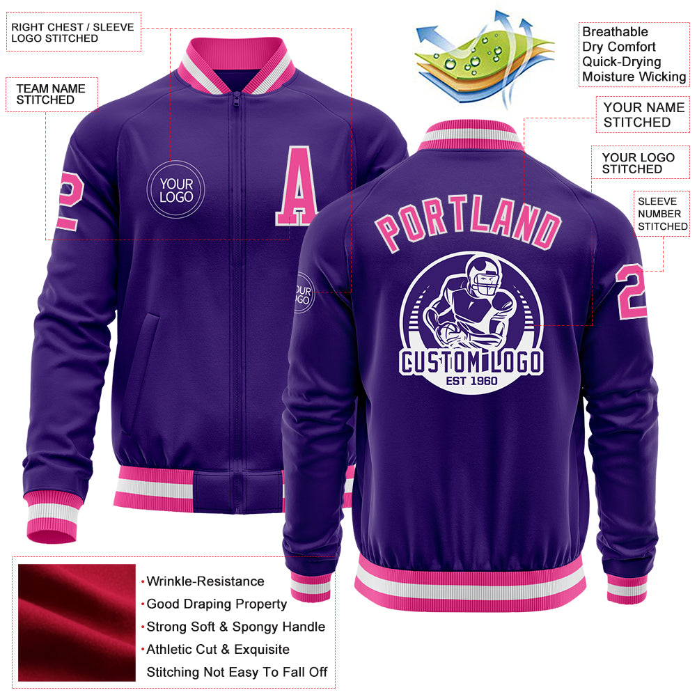 Custom Purple Pink-White Bomber Varsity Letterman Zipper Jacket