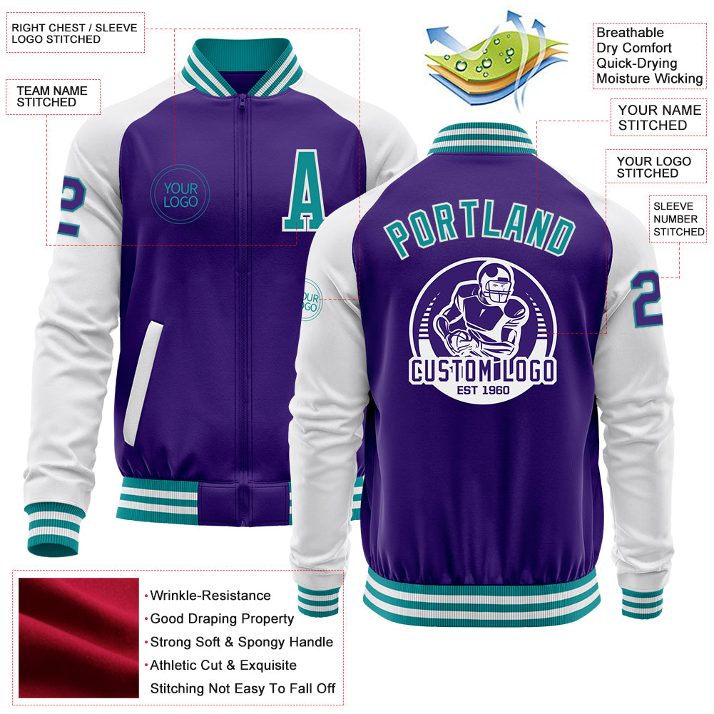 Custom Purple Teal-White Bomber Varsity Letterman Two Tone Zipper Jacket