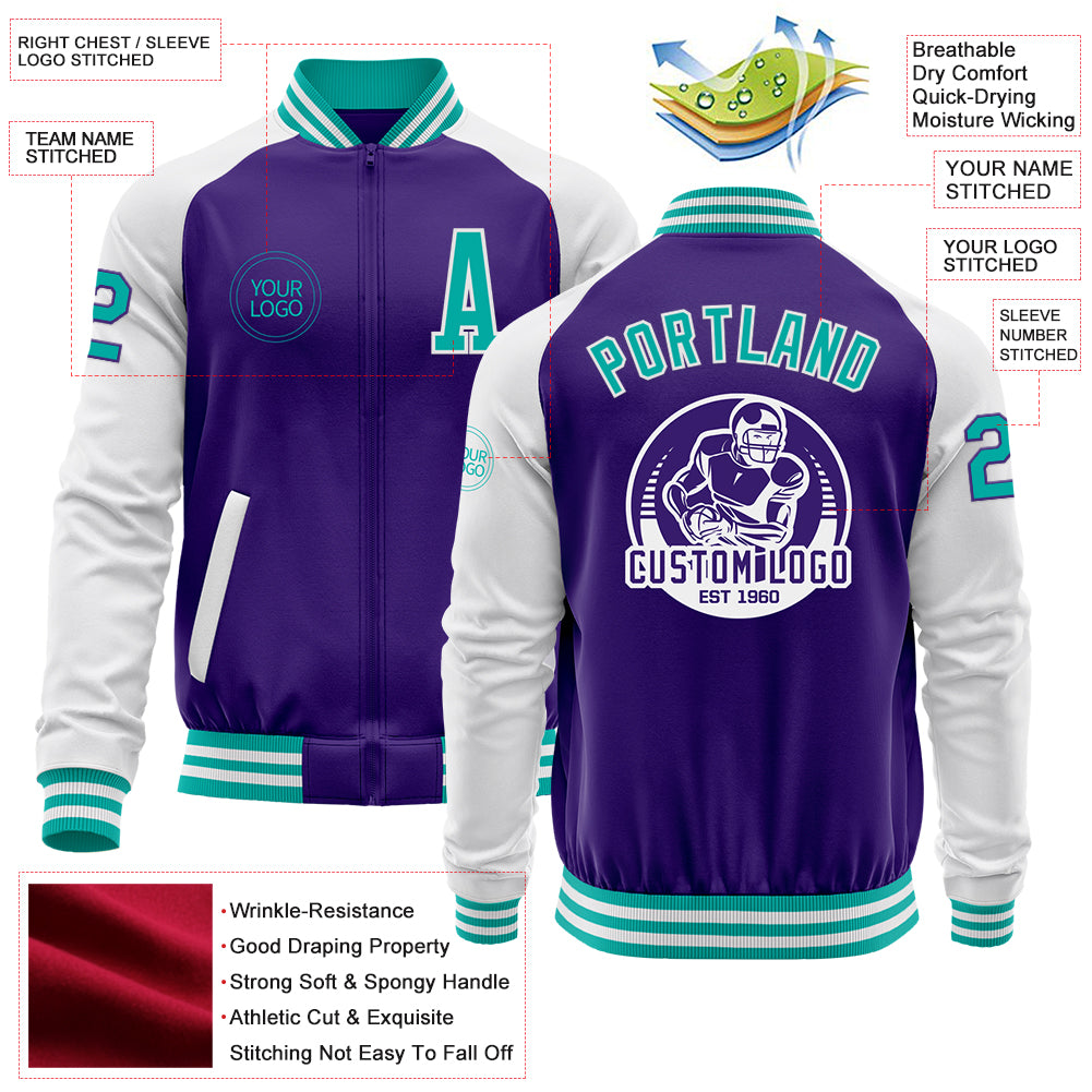 Custom Purple Aqua-White Bomber Varsity Letterman Two Tone Zipper Jacket