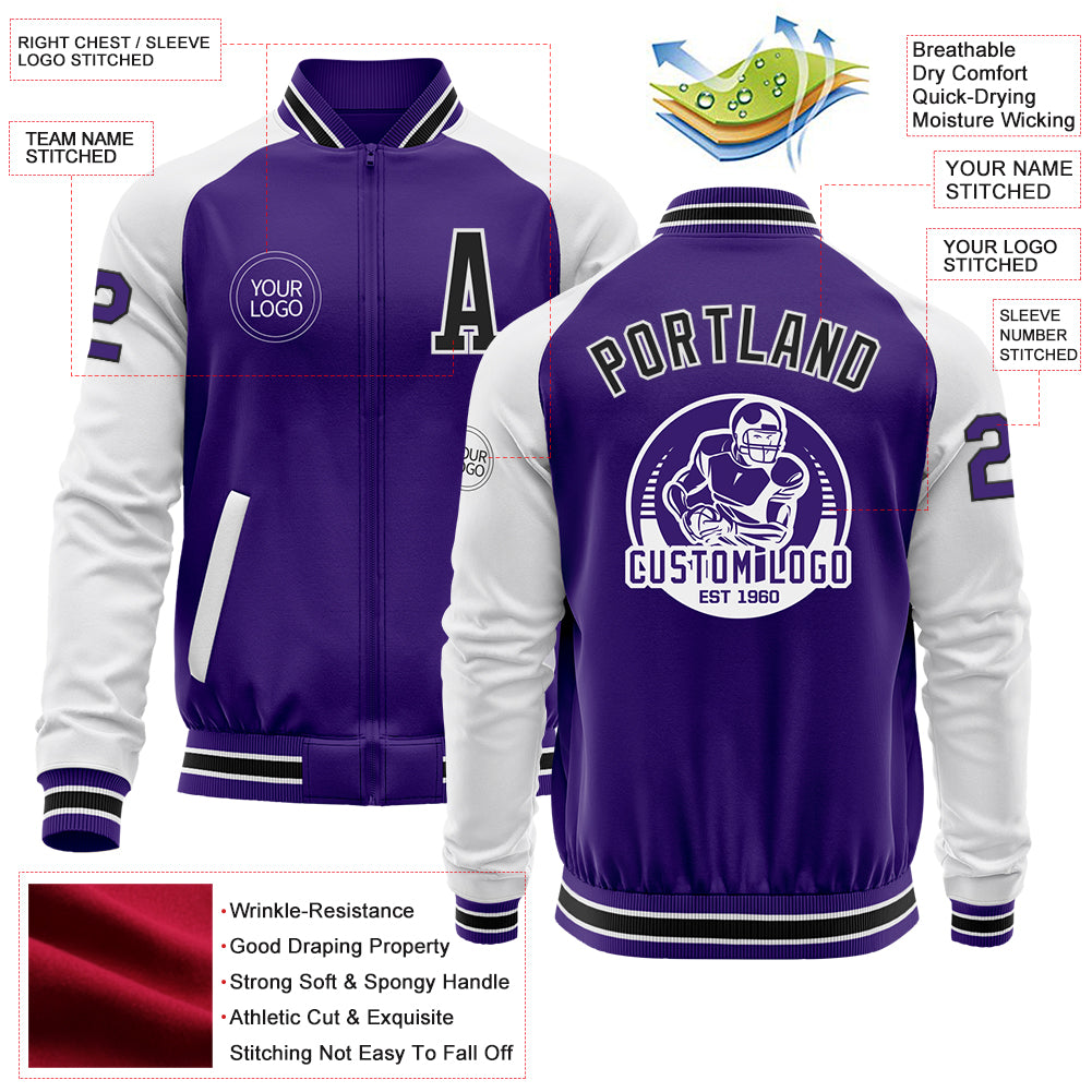 Custom Purple Black-White Bomber Varsity Letterman Two Tone Zipper Jacket