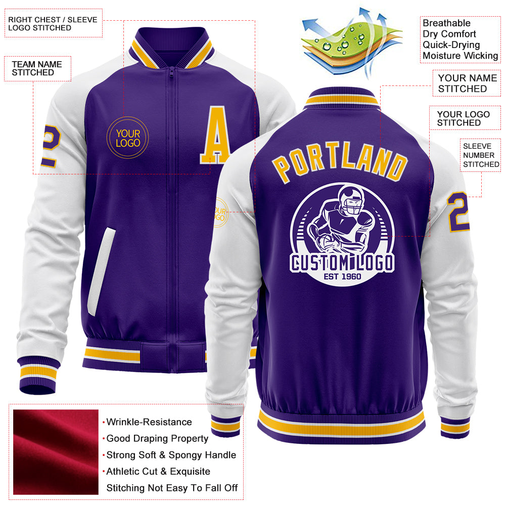 Custom Purple Gold-White Bomber Varsity Letterman Two Tone Zipper Jacket