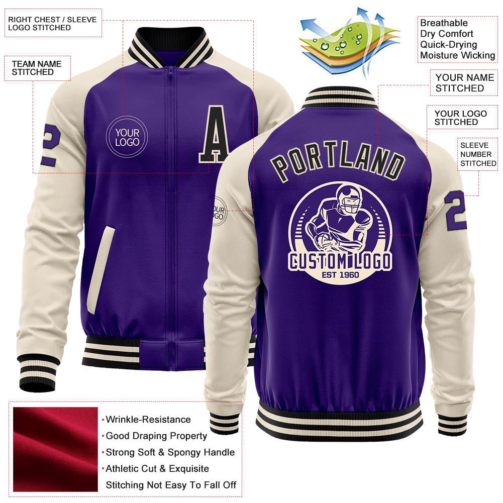 Custom Purple Black-Cream Bomber Varsity Letterman Two Tone Zipper Jacket