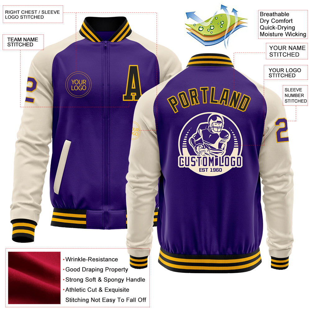 Custom Purple Black Gold-Cream Bomber Varsity Letterman Two Tone Zipper Jacket