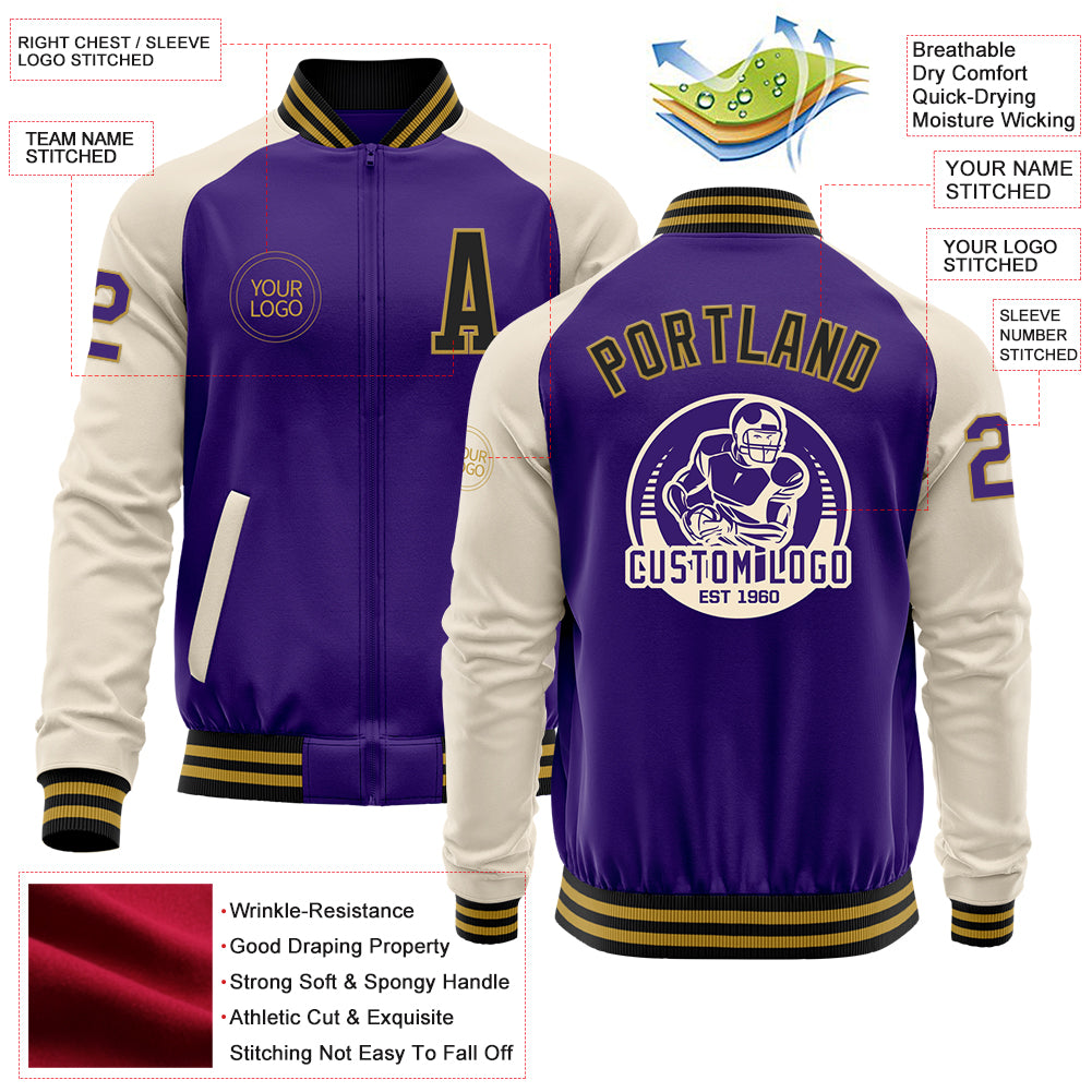 Custom Purple Black Old Gold-Cream Bomber Varsity Letterman Two Tone Zipper Jacket