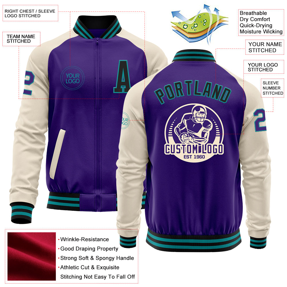 Custom Purple Black Teal-Cream Bomber Varsity Letterman Two Tone Zipper Jacket