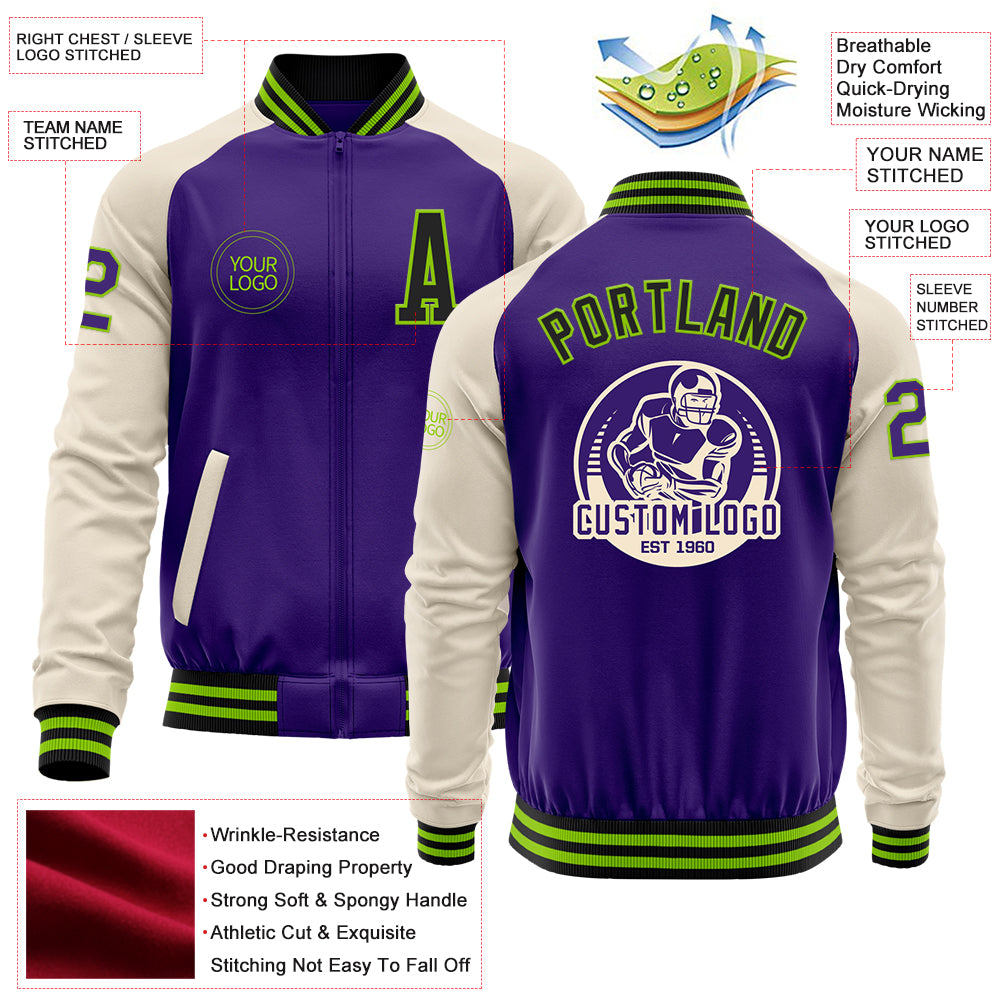 Custom Purple Black Neon Green-Cream Bomber Varsity Letterman Two Tone Zipper Jacket