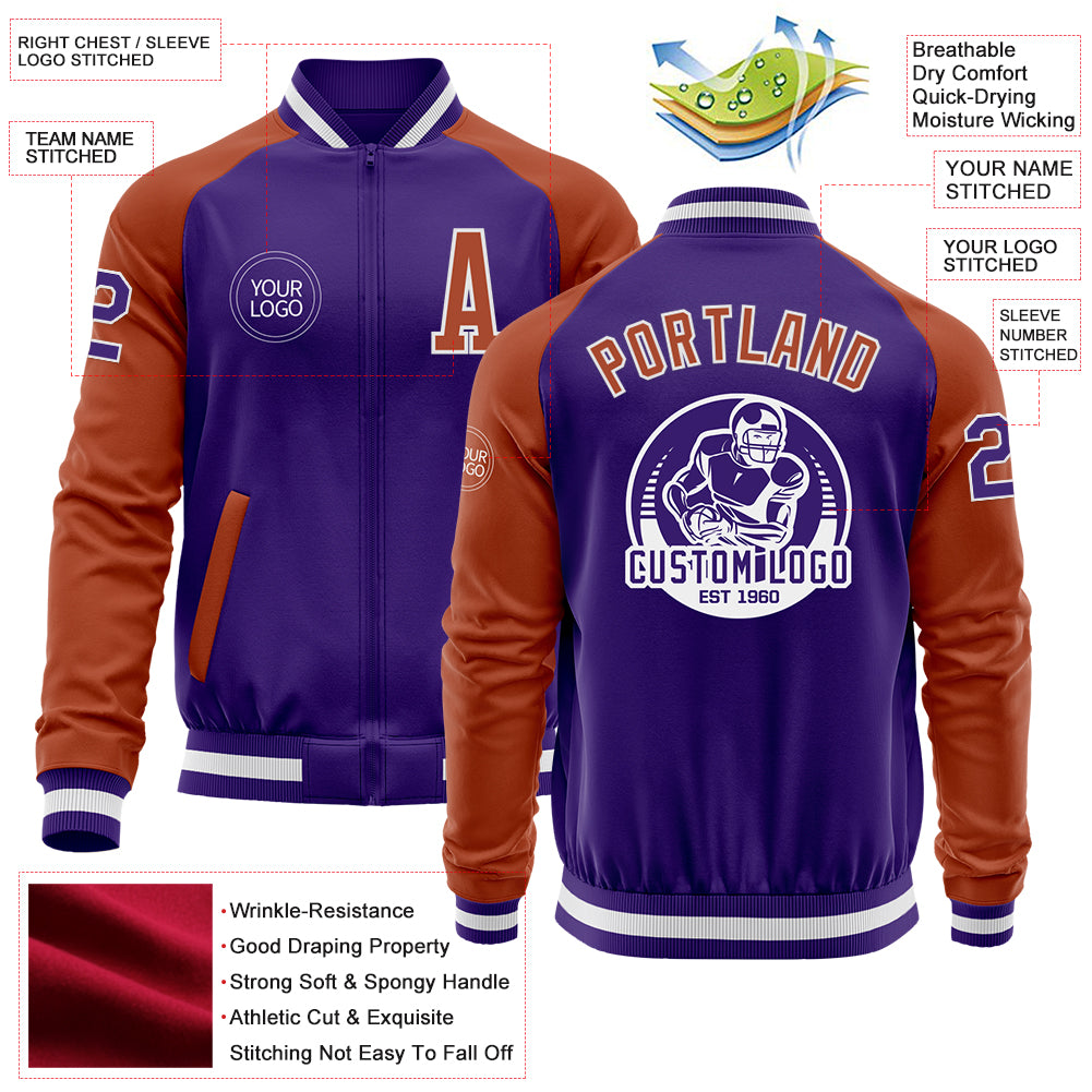 Custom Purple Texas Orange-White Bomber Varsity Letterman Two Tone Zipper Jacket