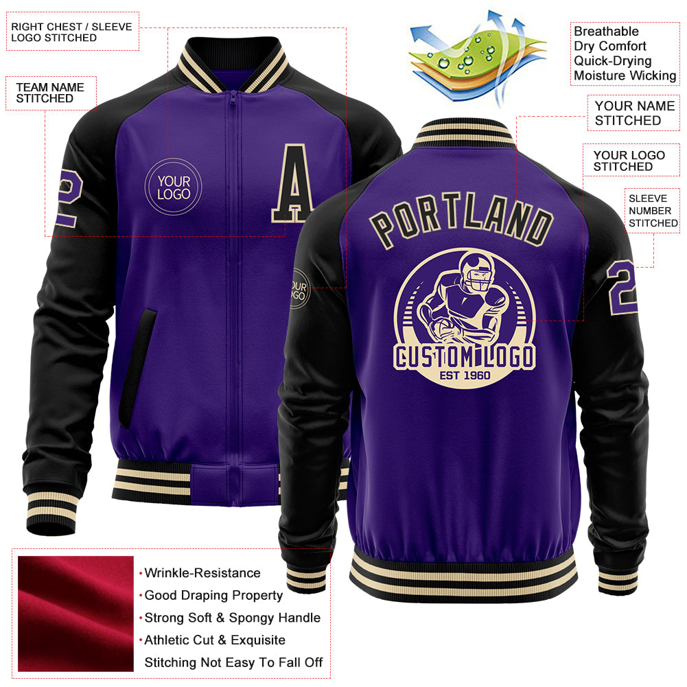 Custom Purple Black-Cream Bomber Varsity Letterman Two Tone Zipper Jacket