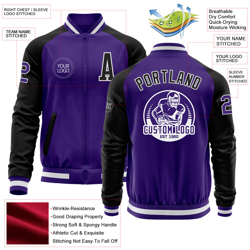 Custom Purple Black-White Bomber Varsity Letterman Two Tone Zipper Jacket