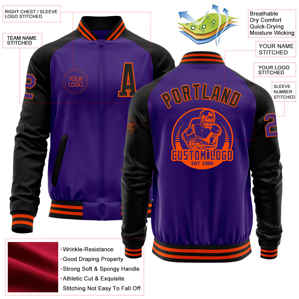 Custom Purple Black-Orange Bomber Varsity Letterman Two Tone Zipper Jacket