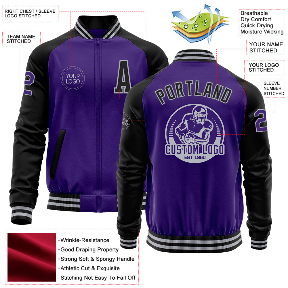 Custom Purple Black-Gray Bomber Varsity Letterman Two Tone Zipper Jacket