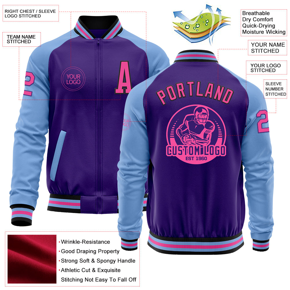 Custom Purple Pink Black-Light Blue Bomber Varsity Letterman Two Tone Zipper Jacket