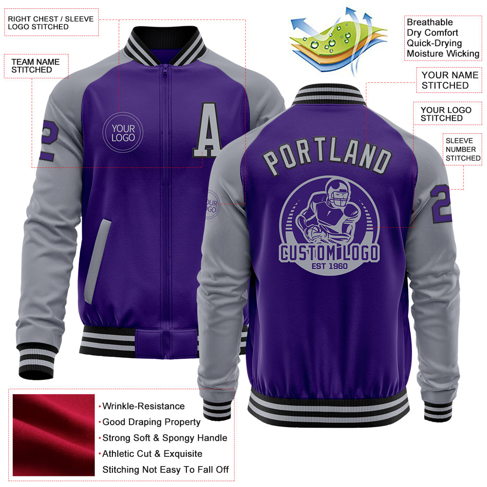 Custom Purple Gray-Black Bomber Varsity Letterman Two Tone Zipper Jacket