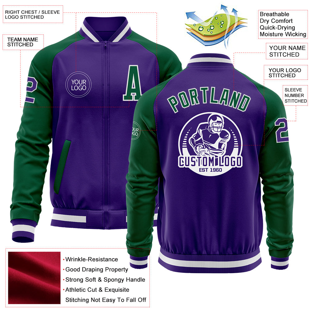 Custom Purple Kelly Green-White Bomber Varsity Letterman Two Tone Zipper Jacket