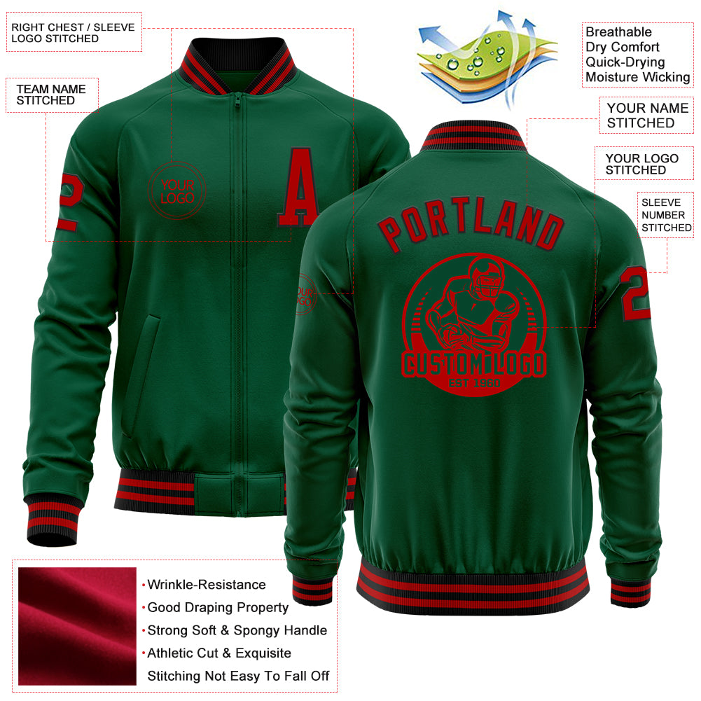 Custom Kelly Green Red-Black Bomber Varsity Letterman Zipper Jacket