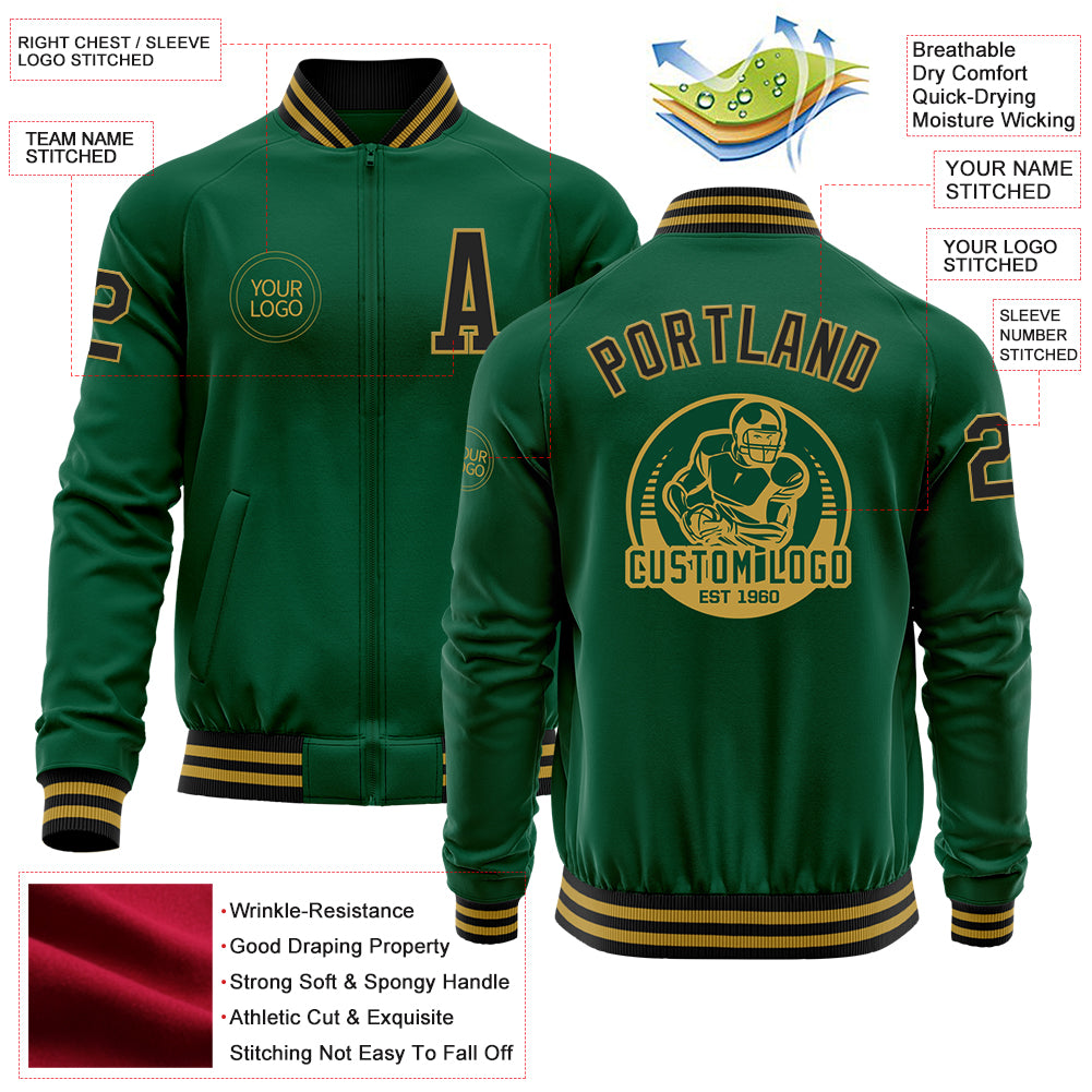 Custom Kelly Green Black-Old Gold Bomber Varsity Letterman Zipper Jacket