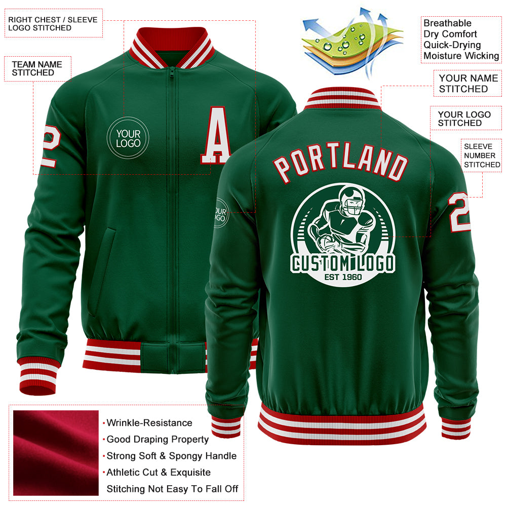 Custom Kelly Green White-Red Bomber Varsity Letterman Zipper Jacket