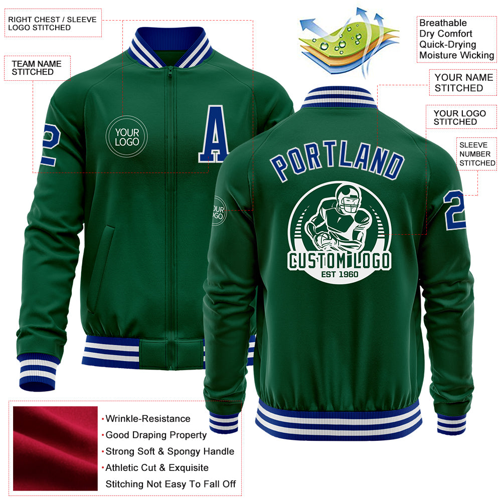 Custom Kelly Green Roya-White Bomber Varsity Letterman Zipper Jacket