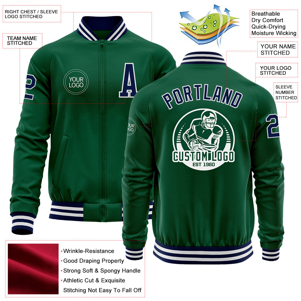 Custom Kelly Green Navy-White Bomber Varsity Letterman Zipper Jacket