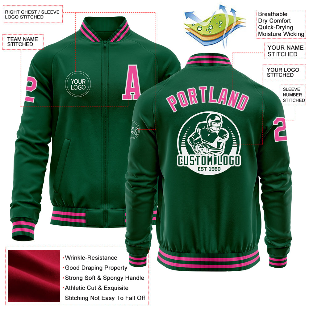 Custom Kelly Green Pink-White Bomber Varsity Letterman Zipper Jacket