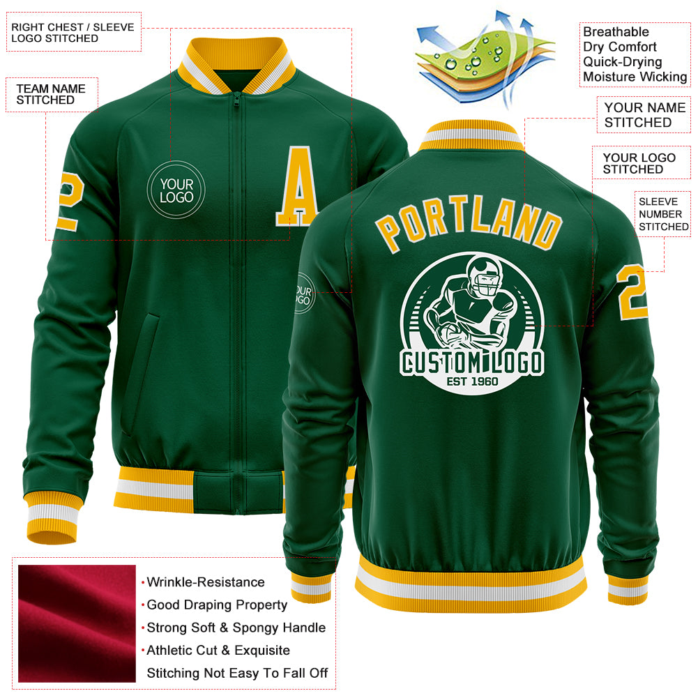 Custom Kelly Green Gold-White Bomber Varsity Letterman Zipper Jacket