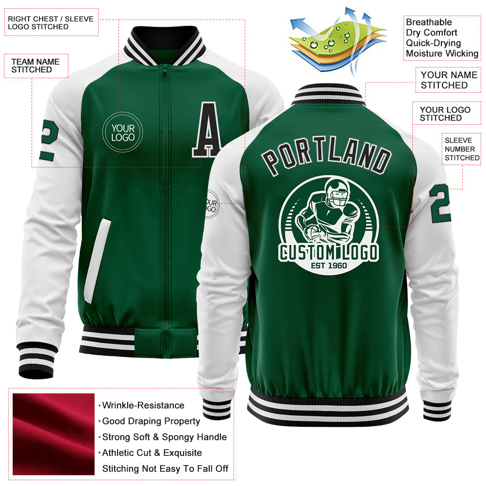 Custom Kelly Green Black-White Bomber Varsity Letterman Two Tone Zipper Jacket