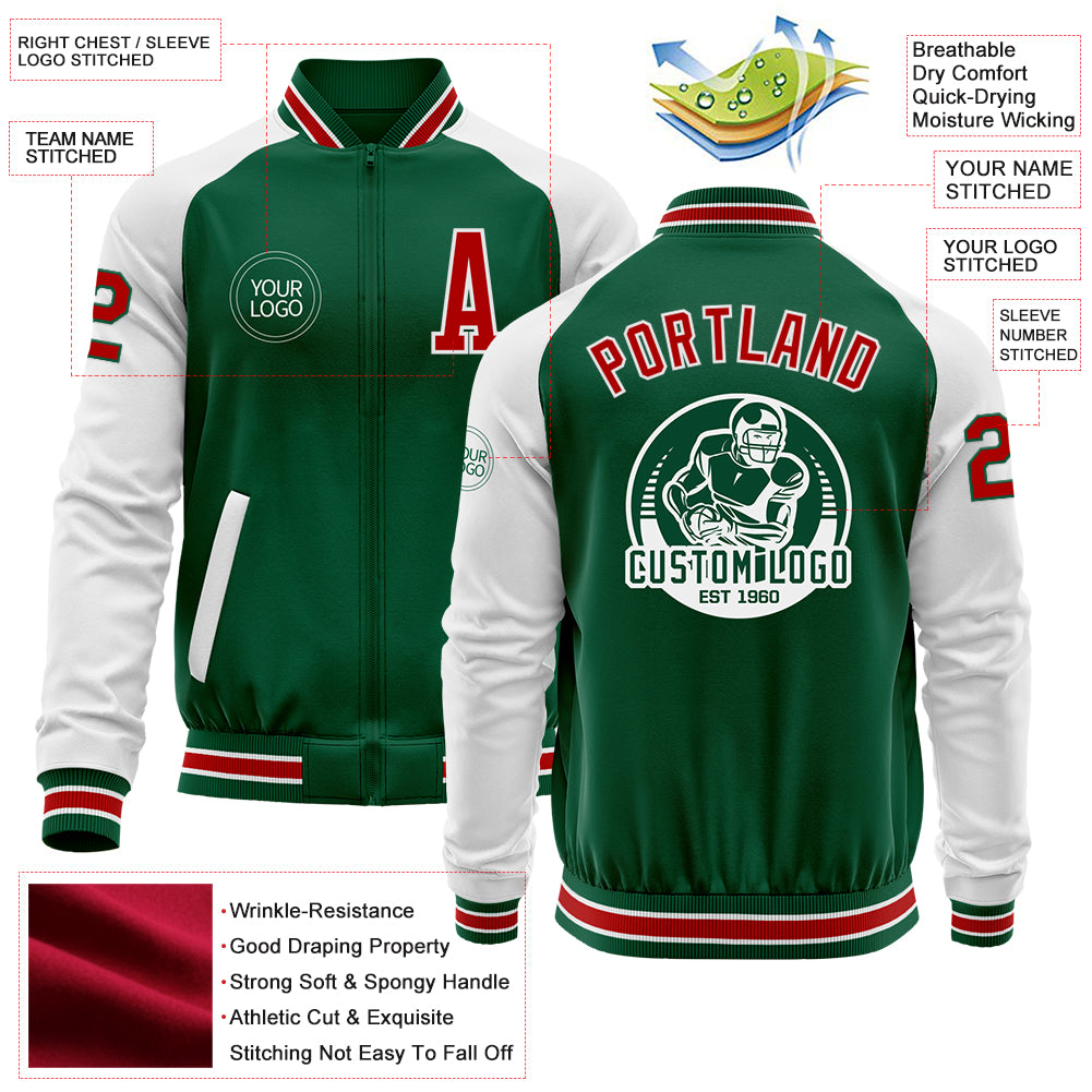 Custom Kelly Green Red-White Bomber Varsity Letterman Two Tone Zipper Jacket