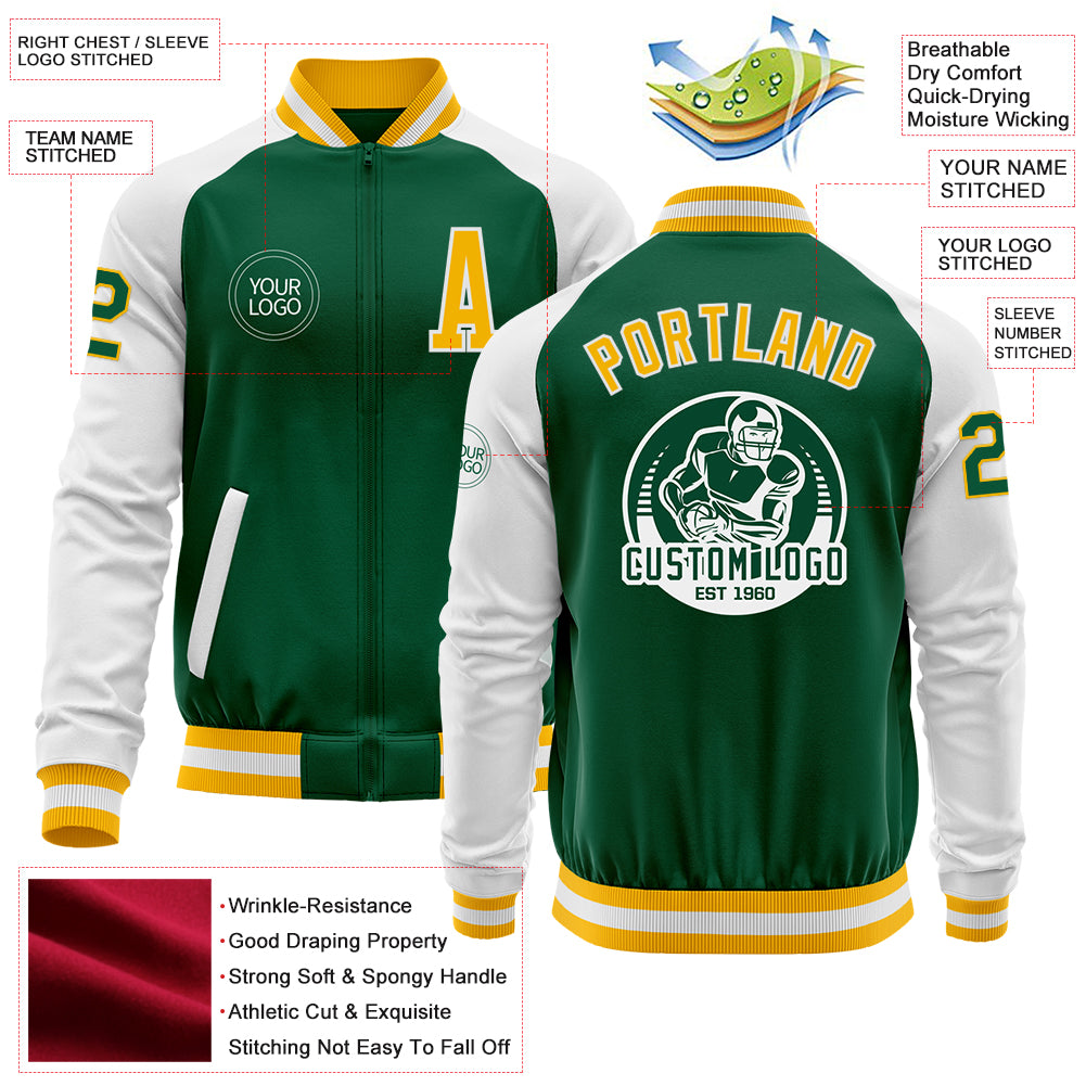 Custom Kelly Green Gold-White Bomber Varsity Letterman Two Tone Zipper Jacket