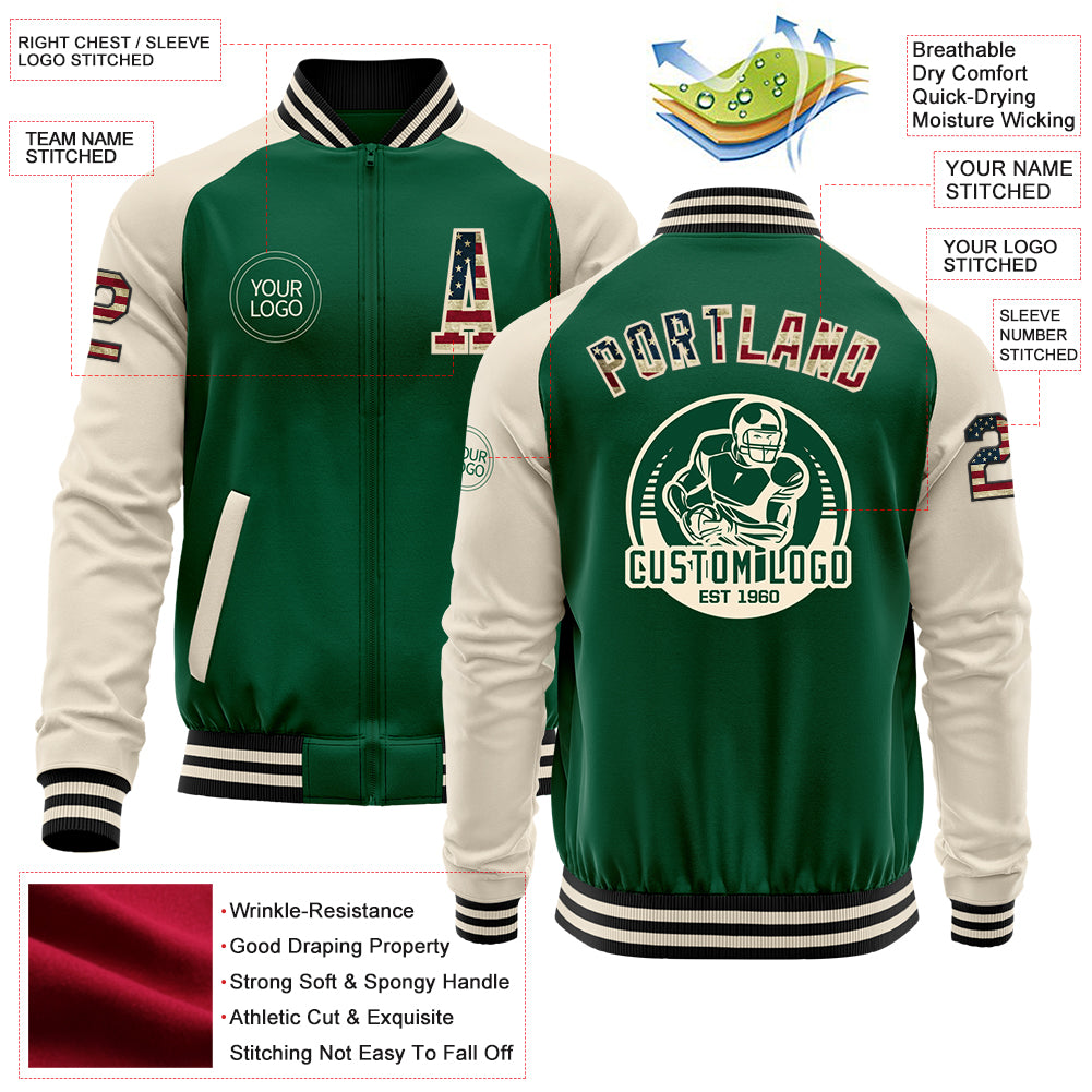 Custom Kelly Green Vintage USA Flag Cream-Black Bomber Varsity Letterman Two Tone Zipper Jacket