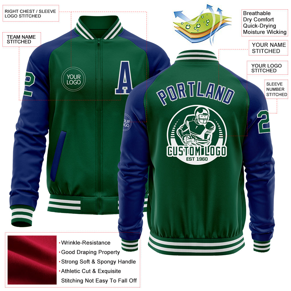 Custom Kelly Green Royal-White Bomber Varsity Letterman Two Tone Zipper Jacket