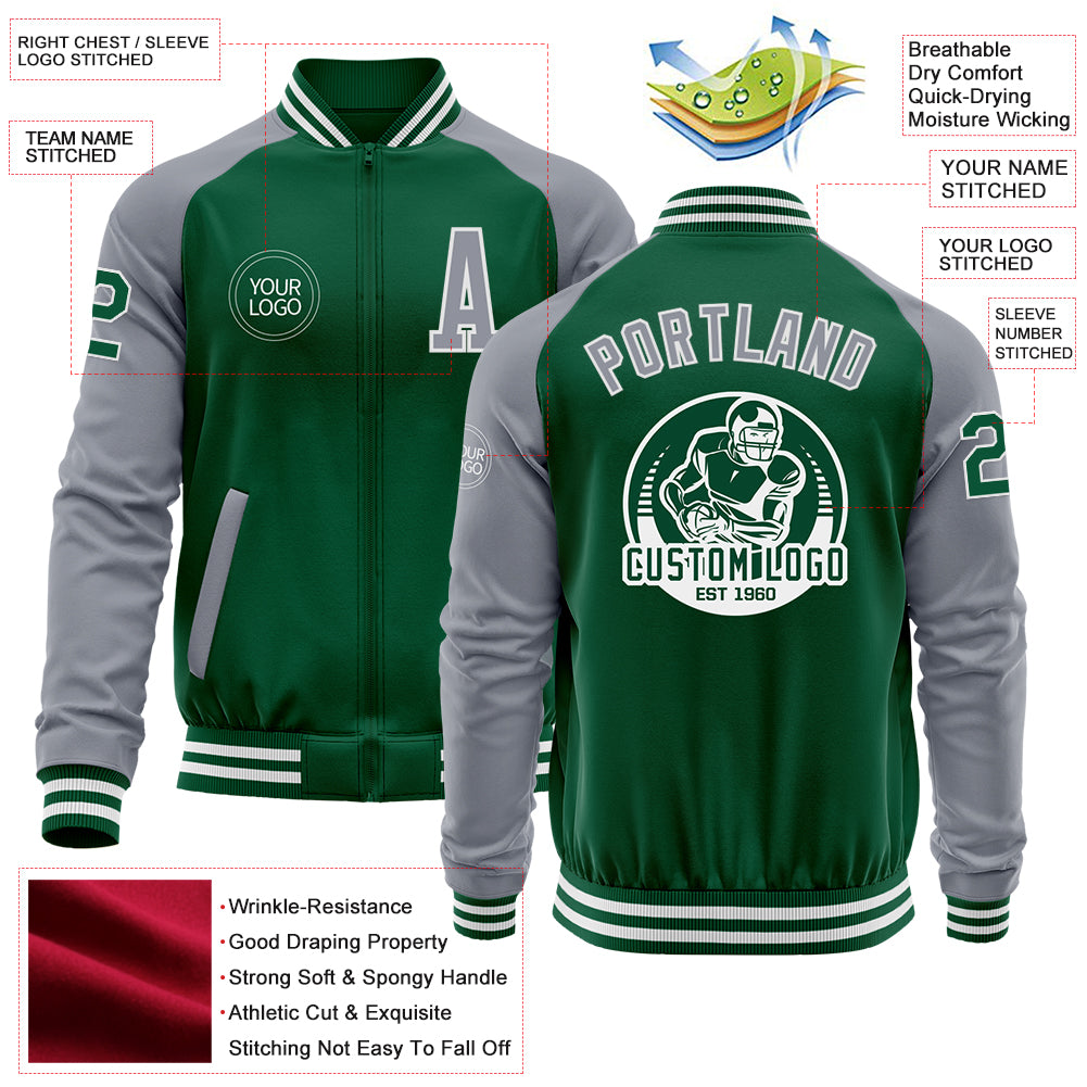 Custom Kelly Green Gray-White Bomber Varsity Letterman Two Tone Zipper Jacket