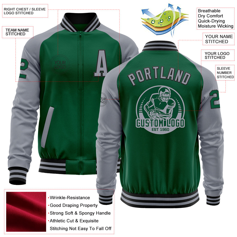 Custom Kelly Green Gray-Black Bomber Varsity Letterman Two Tone Zipper Jacket