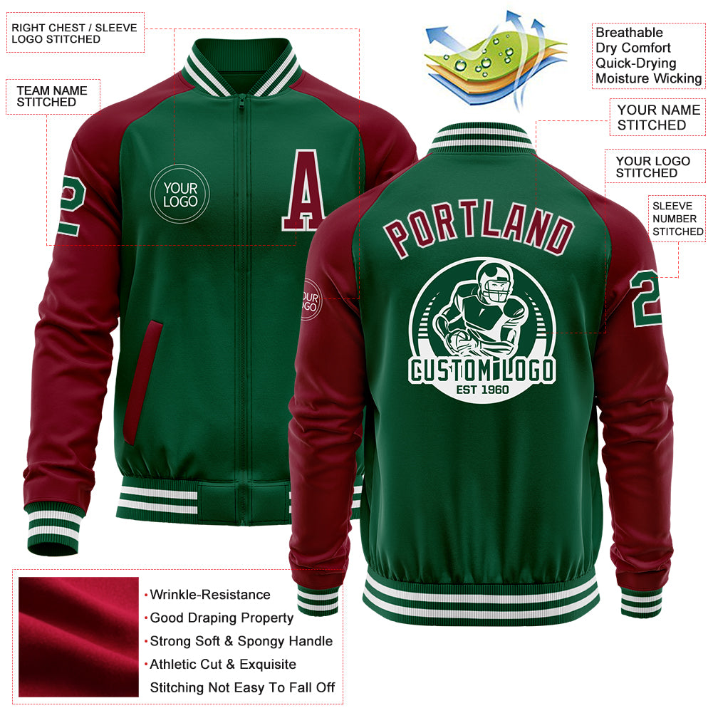 Custom Kelly Green Crimson-White Bomber Varsity Letterman Two Tone Zipper Jacket