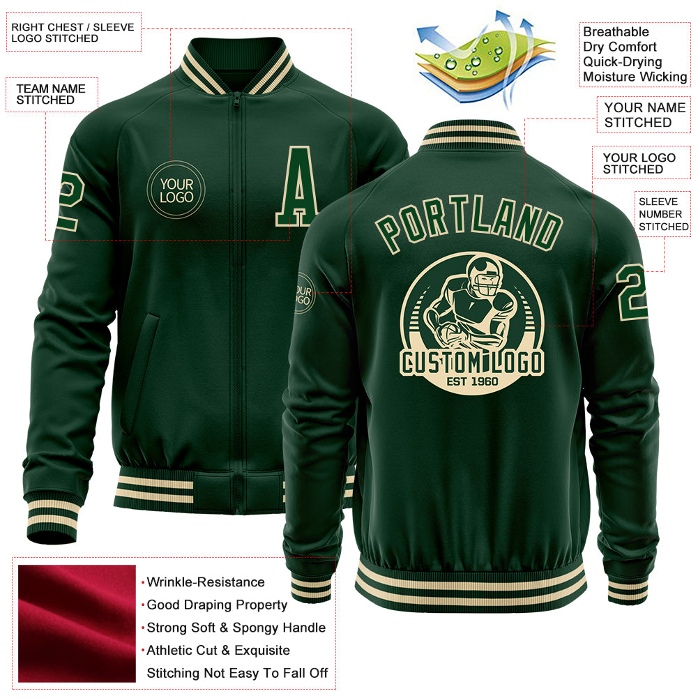 Custom Green Cream Bomber Varsity Letterman Zipper Jacket