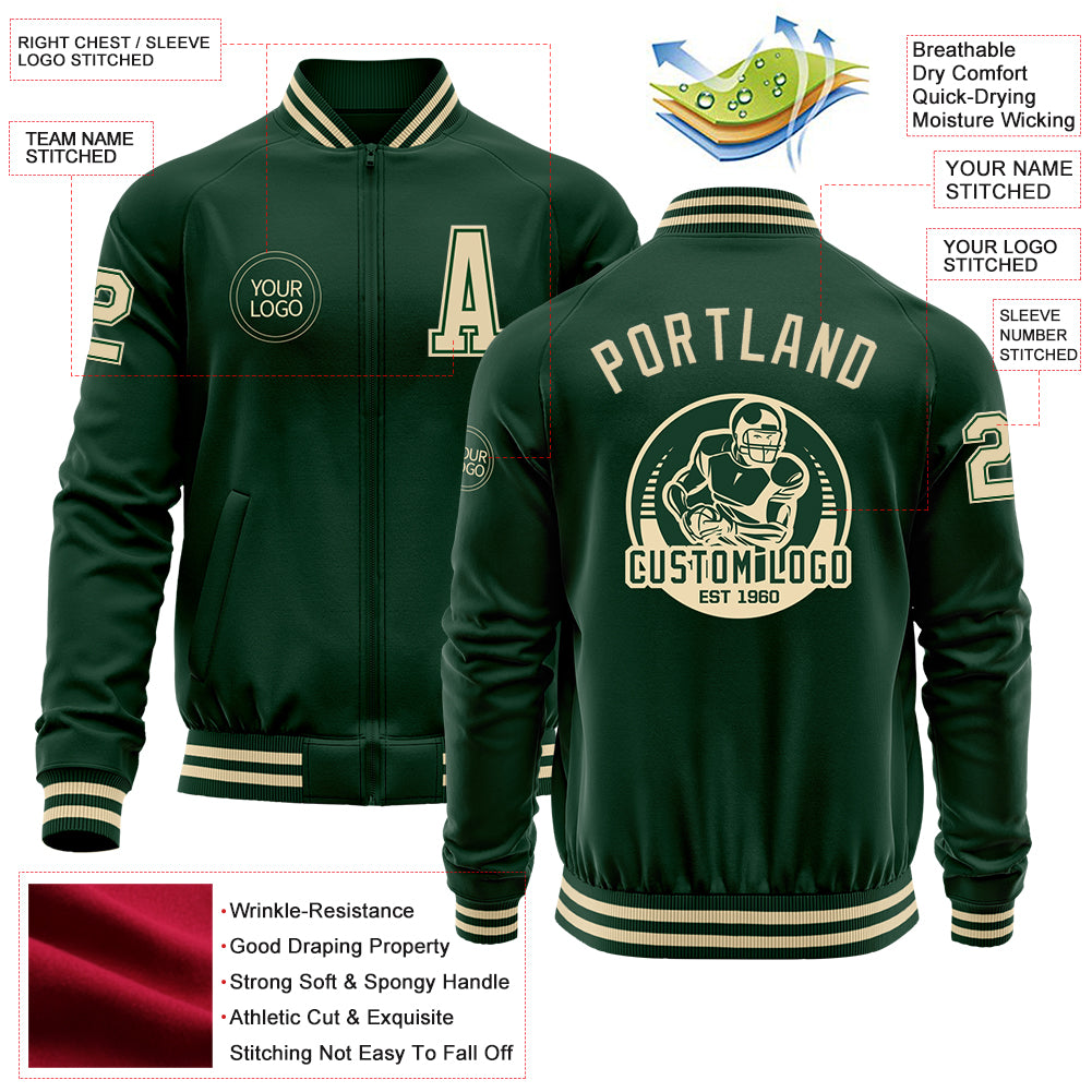 Custom Green Cream Bomber Varsity Letterman Zipper Jacket