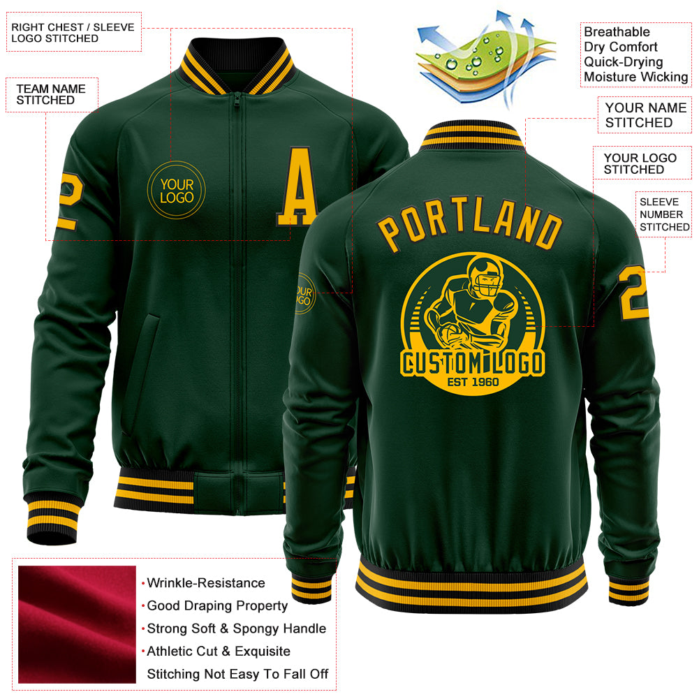 Custom Green Gold-Black Bomber Varsity Letterman Zipper Jacket