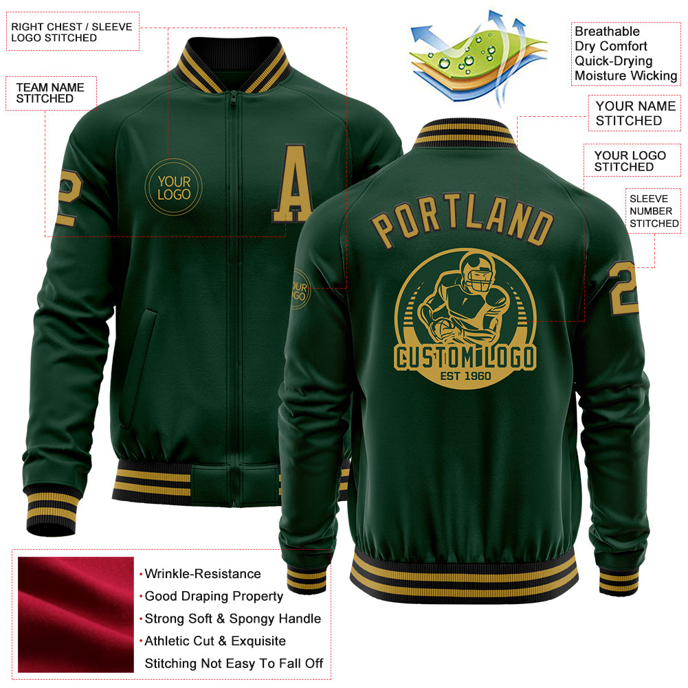 Custom Green Old Gold-Black Bomber Varsity Letterman Zipper Jacket