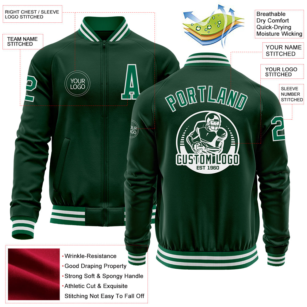 Custom Green Kelly Green-White Bomber Varsity Letterman Zipper Jacket